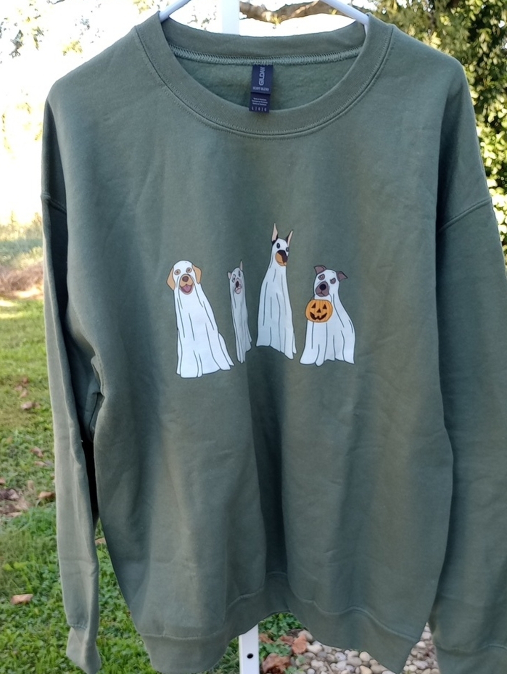 Gildan Olive Green Dog Ghost Sweatshirt with Pumpkin Detail Halloween LG NWOT